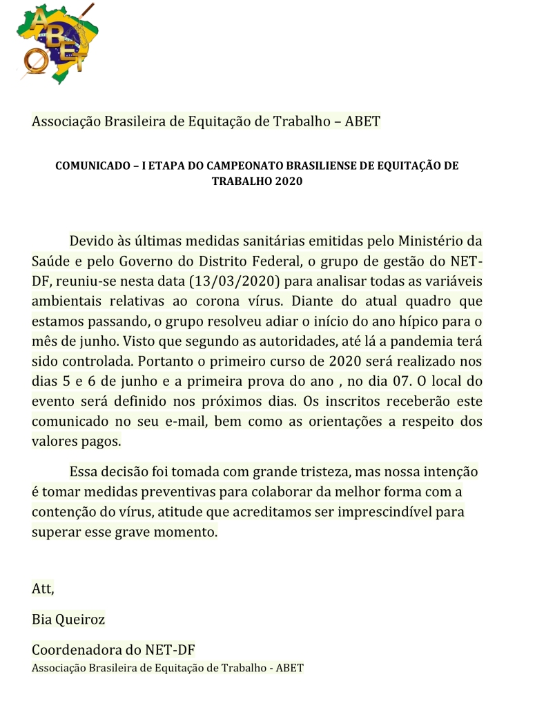 Comunicado I Etapa Brasiliense 2020